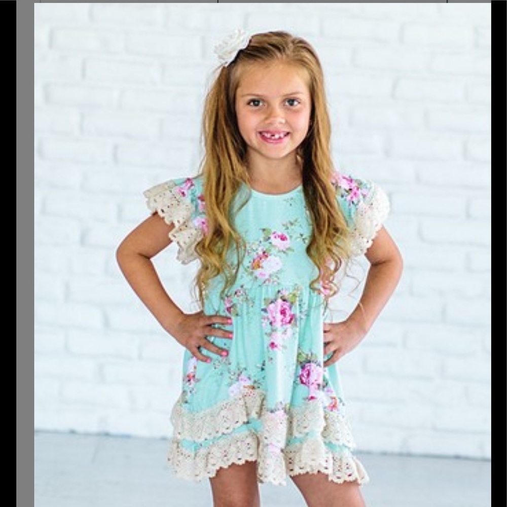 Teal Floral Crochet Angel-Sleeve Dress